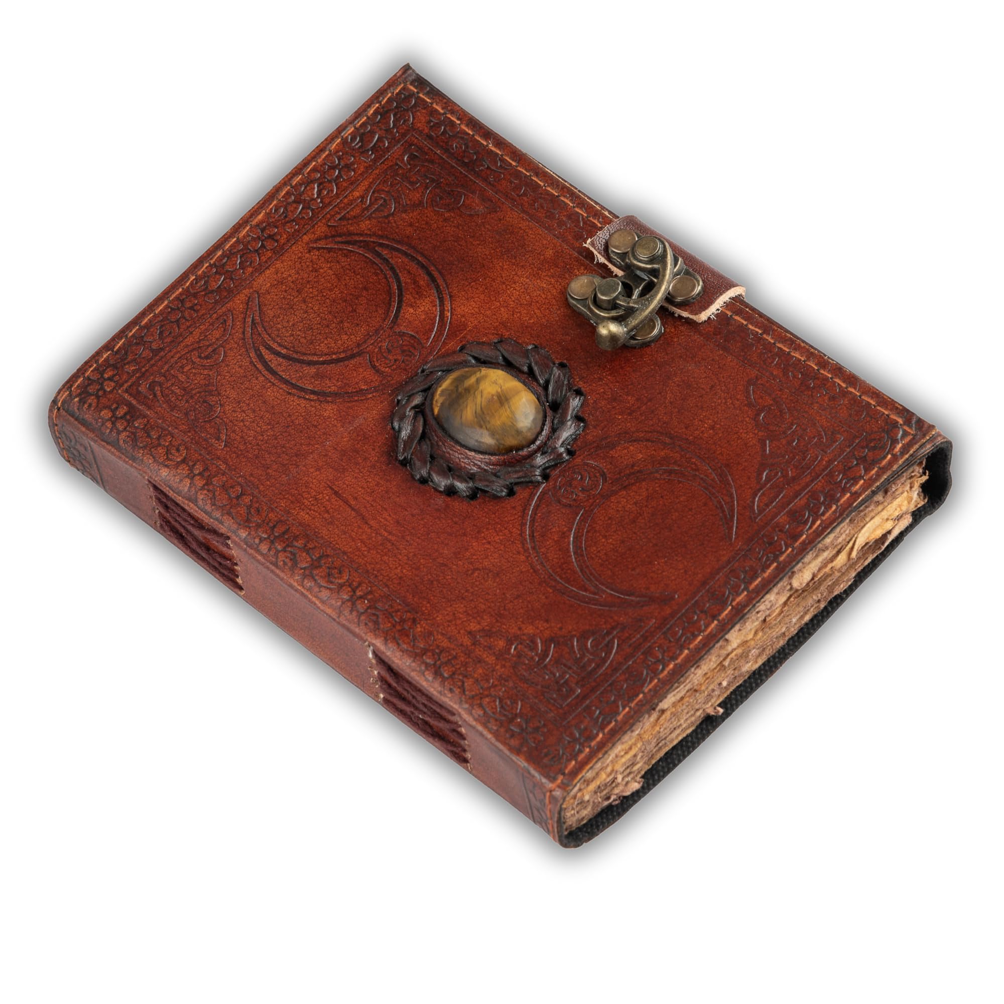 Tiger Eye Gemstone Vintage Leather Bound Journal for Men and Women, Artist Sketch Book Christmas Travel Gift Writing Notebook, Old Deckle Diary with Unlined Blank Medieval Paper