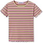 COOLTREE Girls Short Sleeve Shirts Ribbed Knit Lettuce Trim Tee Shirt - Little Girl Green Striped Blouse Size 6-16