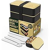 Umami Bento Box Adult All-In-1 w/4 Utensils, Big Sauce Jar, 2 Dividers, 100% Leakproof, Microwave & Dishwasher Safe Stackable Bento Lunch Box Containers for Men/Women, Black & Bamboo, 40 oz