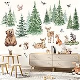 wondever Large Pine Tree Animals Wall Stickers Woodland Animal Bear Deer Fox Peel and Stick Wall Art Decals for Baby Nursery Kids Bedroom Living Room
