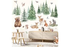 wondever Large Pine Tree Animal Wall Decals Woodland Animal Bear Deer Fox Peel and Stick Wall Stickers for Baby Nursery Kids 