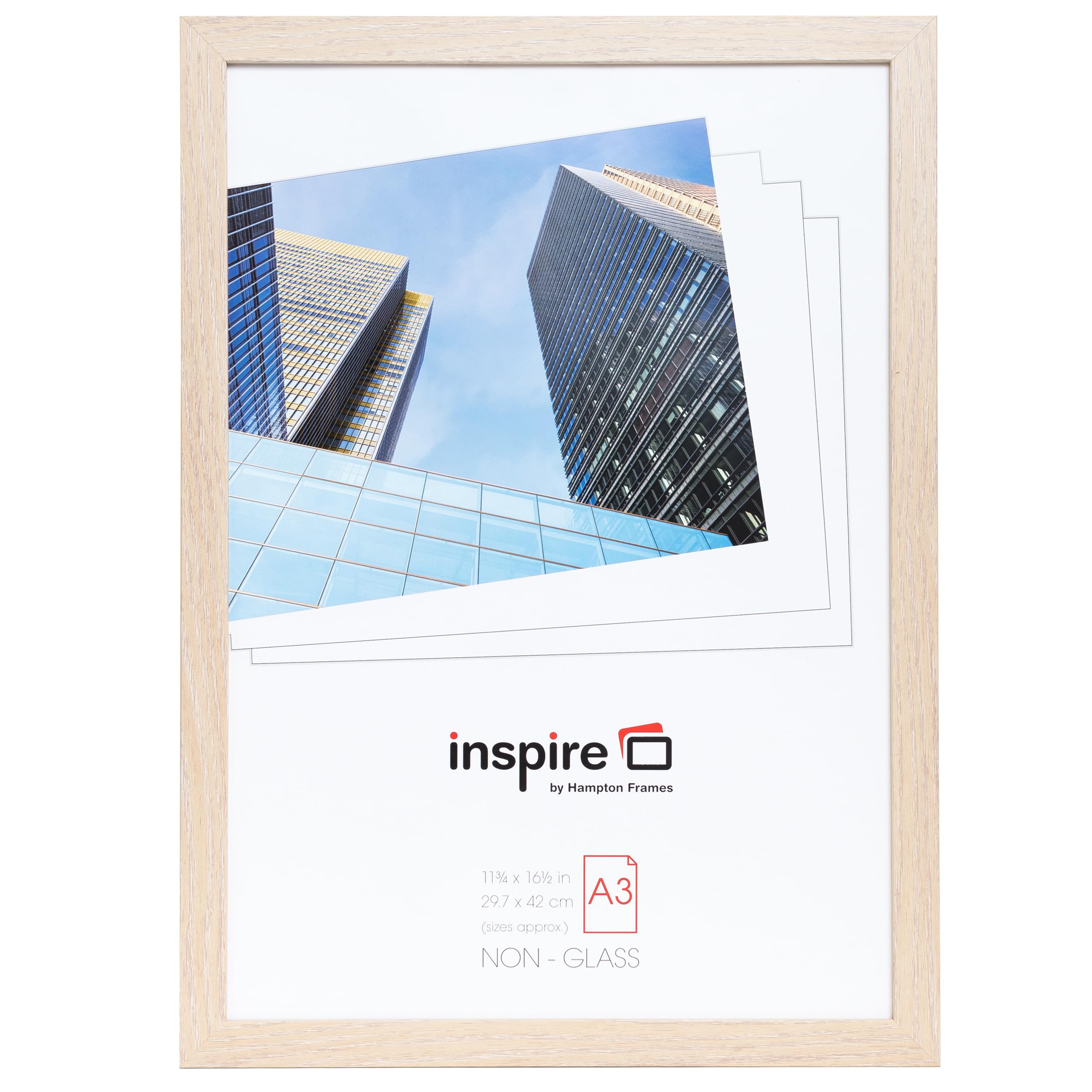 Hampton Frames | Picture Frame | A3 (30x42cm), Natural Wood Effect, Rectangular, Acrylic (Non-Glass), MDF | Wall Mount, Landscape or Portrait, Drop-In Back | For Posters, Photos, Certificates