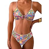 Fanuerg Women's Triangle Bikini Sets O Ring Linked Two Piece Swimsuits Floral Printed Cheeky Bathing Suit