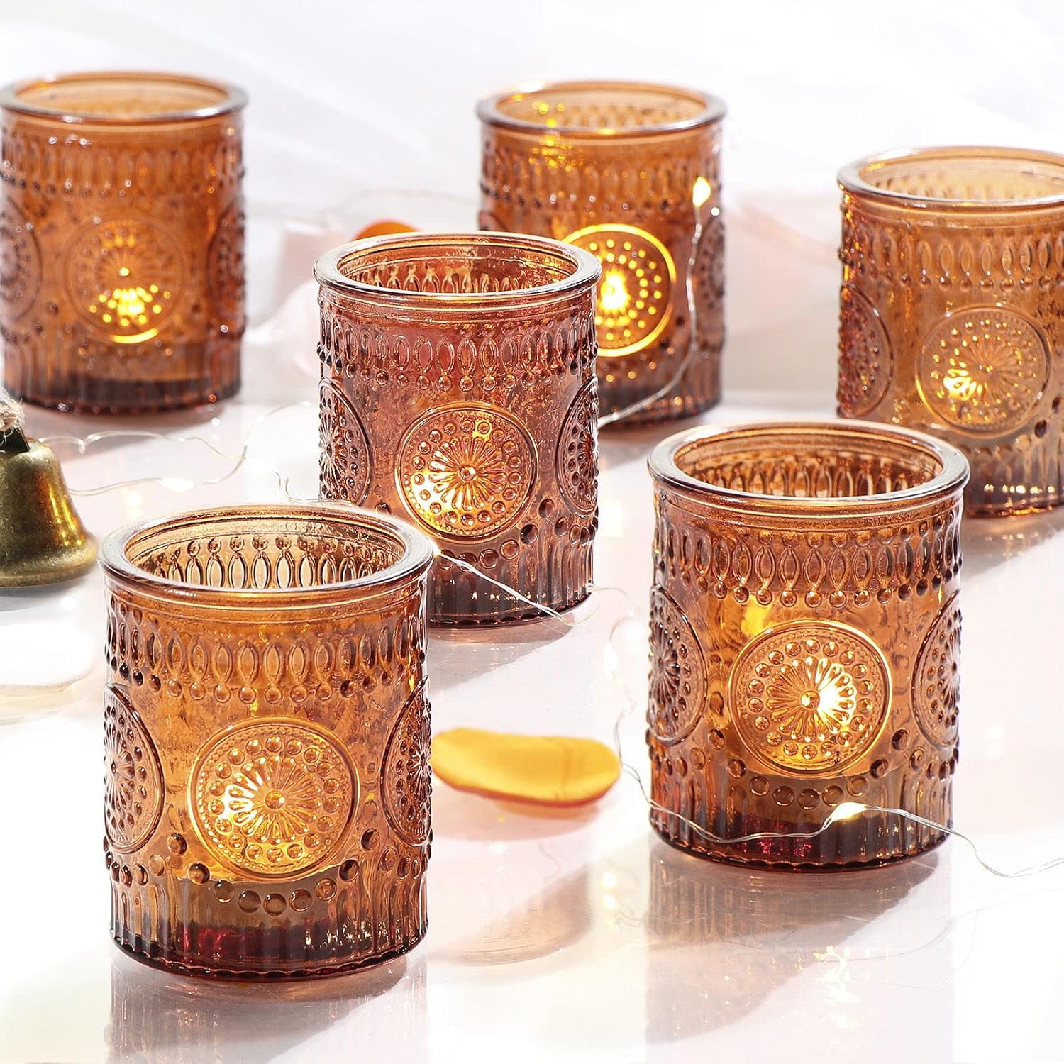 Candles & Holders - DEVI 24pcs Vintage Amber Votive Candle Holders, Amber Glass Candle Holder for Tea Lights, Fall Decor, Boho Wedding Decorations, Vintage Boho Party Home Fall Centerpieces Table Decoration