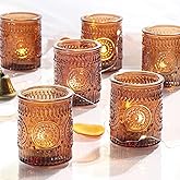 DEVI 24pcs Vintage Amber Votive Candle Holders, Amber Glass Tea Lights Candle Holder for Baby Shower, Boho Wedding Decorations, Vintage Boho Party Home Fall Centerpieces Table Decoration