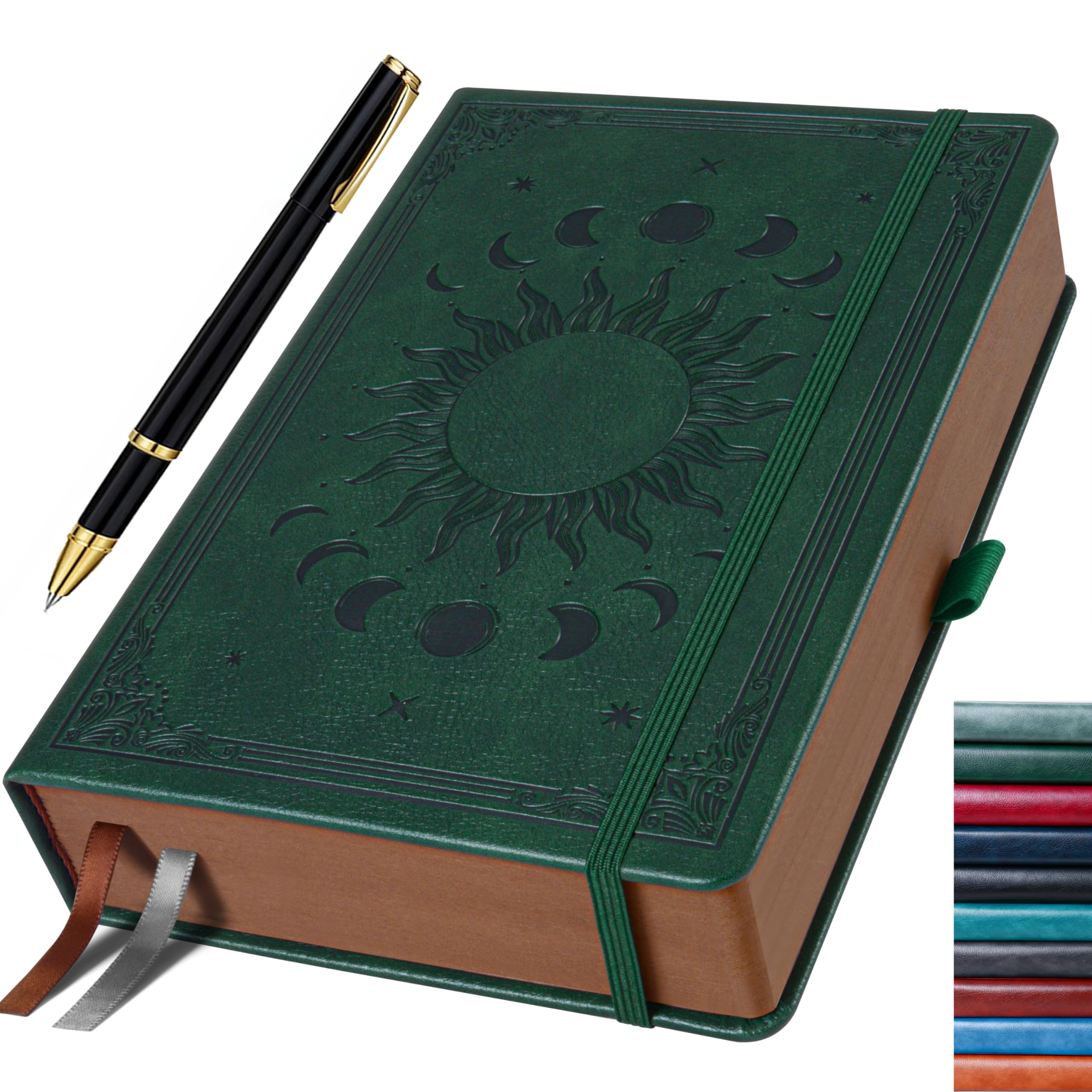 HwxBen Journal for Men & Women, Daily for Classic Lined Writing, 360 Pages Hardcover Journaling Notebook with Pen, Vintage Sun & Moon Design, DarkGreen, B5 (7.7'' x 10'')