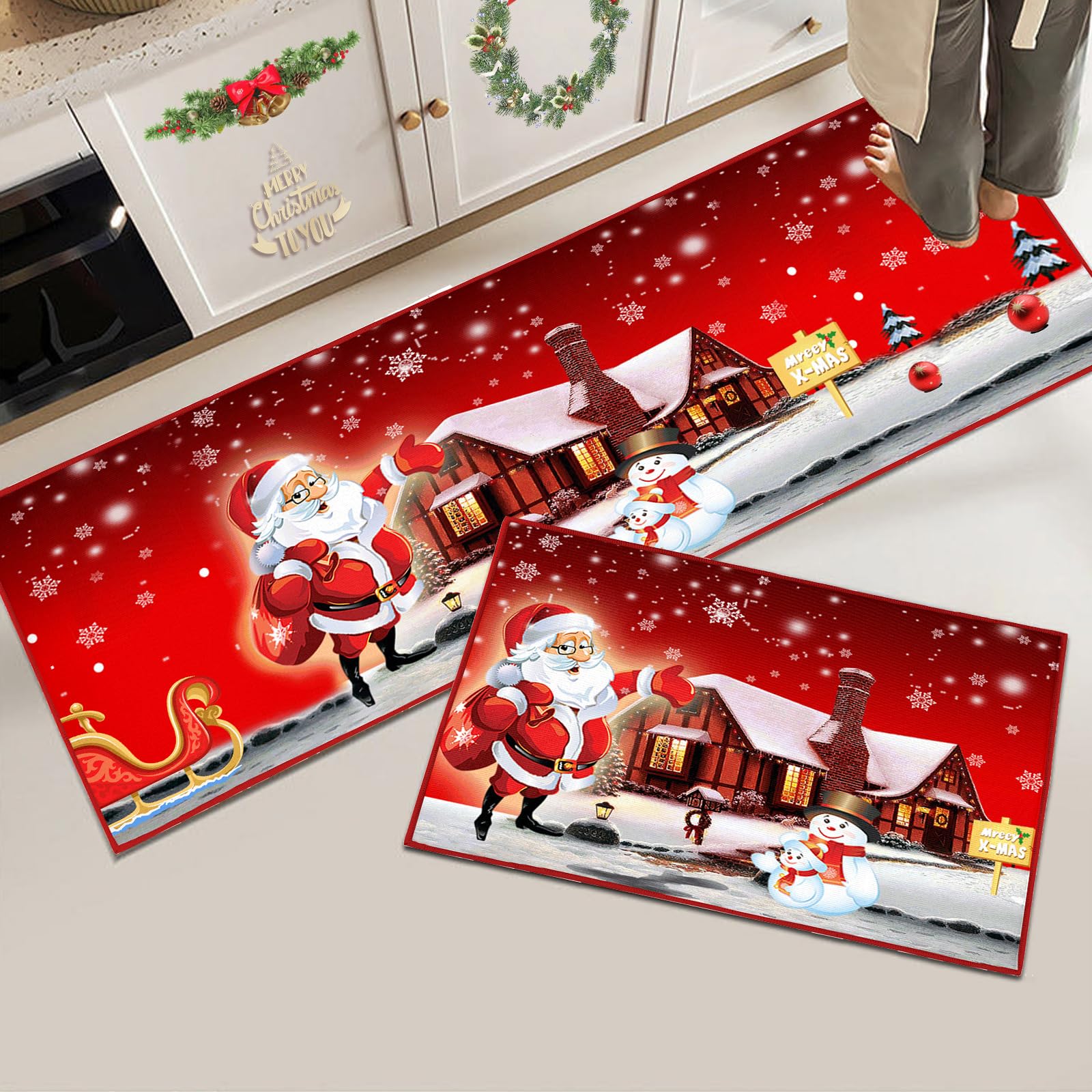Hoimlm Christmas Kitchen Rugs Non-Slip Washable Kitchen Mats, Hallway Living Room Floor Bathroom Kitchen Carpet Set Christmas Decoration (Christmas a, 40 x 120 cm+40 x 60 cm)