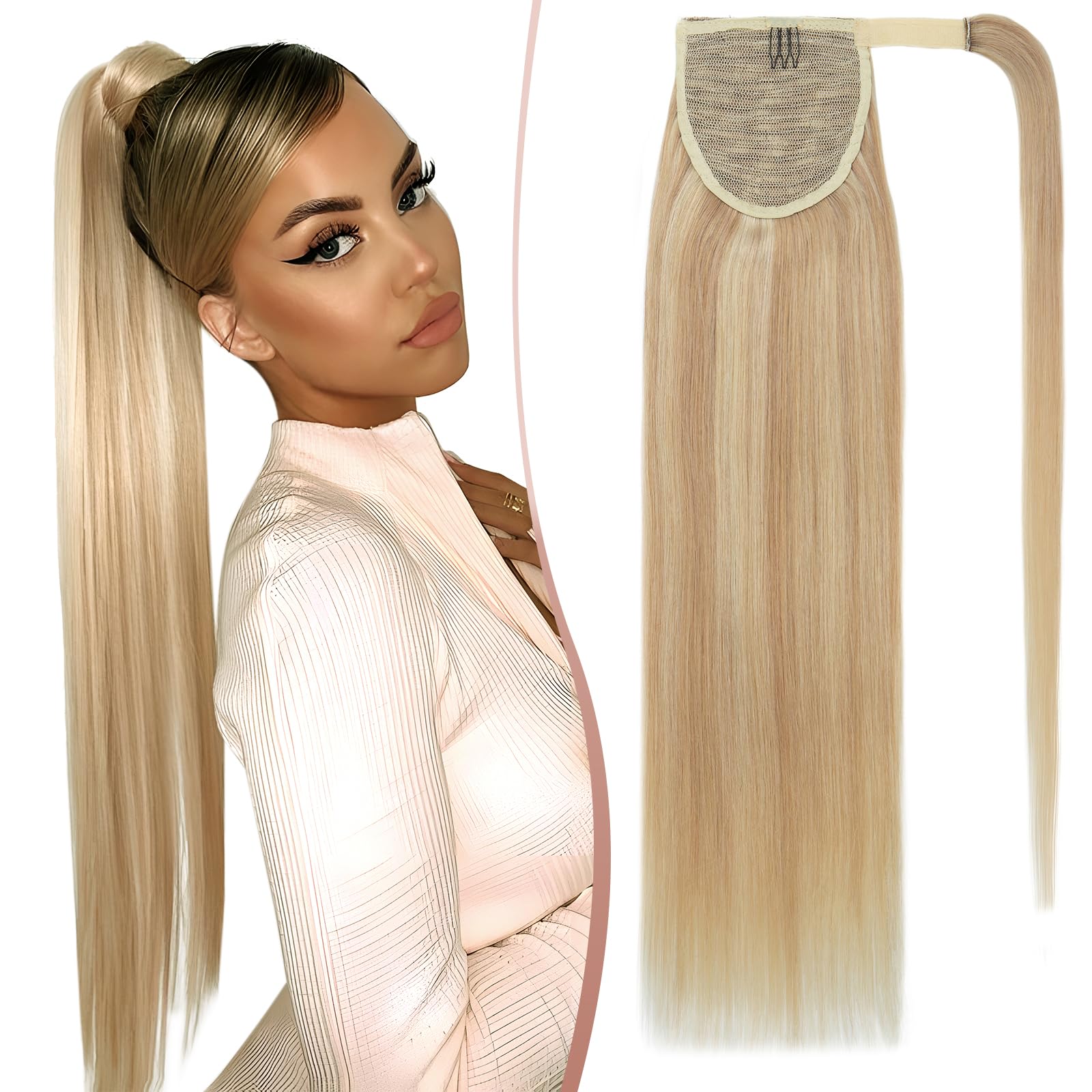 Elailite Human Hair Ponytail Extension Straight - Wrap Around Clip in Real Hair Ponytail 100% Remy Hair (#18/613 Ash Blonde Mix Bleach Blonde, 14 Inch) โ image 1