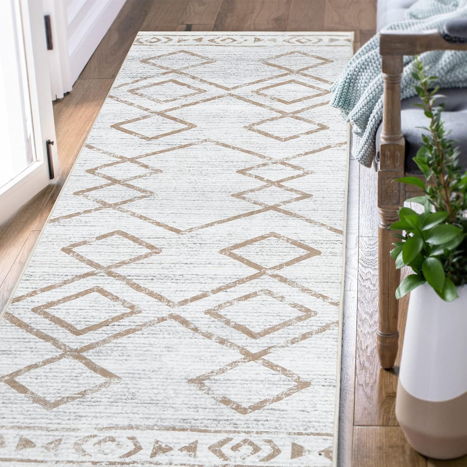 Rugs, Pads & Protectors - jinchan Runner Rug 3x8 Moroccan Hallway Rug with Line Bohemian Kitchen Washable Runner Rug Modern Geometric Soft Rug Indoor Non Slip Carpet Bathroom Bedroom Taupe