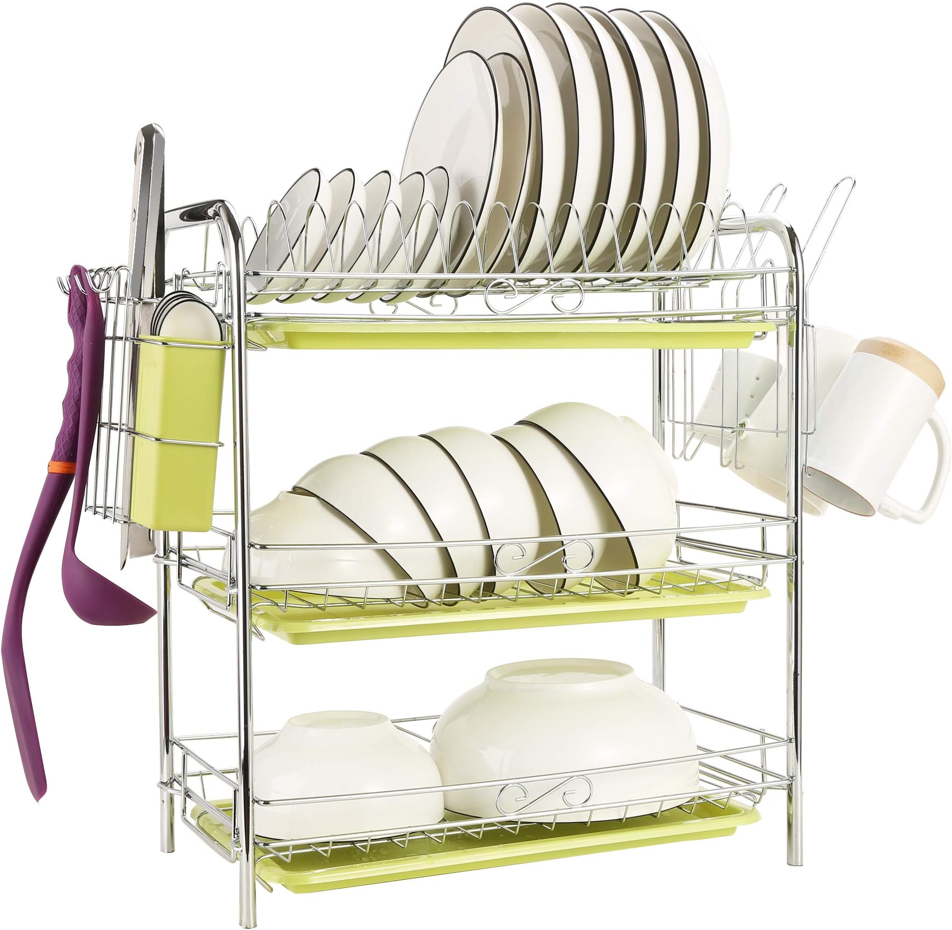 Maypott Dish Drying Rack 3-Tier Dish Rack with Drainboard Utensil Holder, Cup Holder - Chrome Dish Drainer Rack - Stainless Steel Dish Rack for Kitchen (16.5 x 9.4 x 18.7 In)