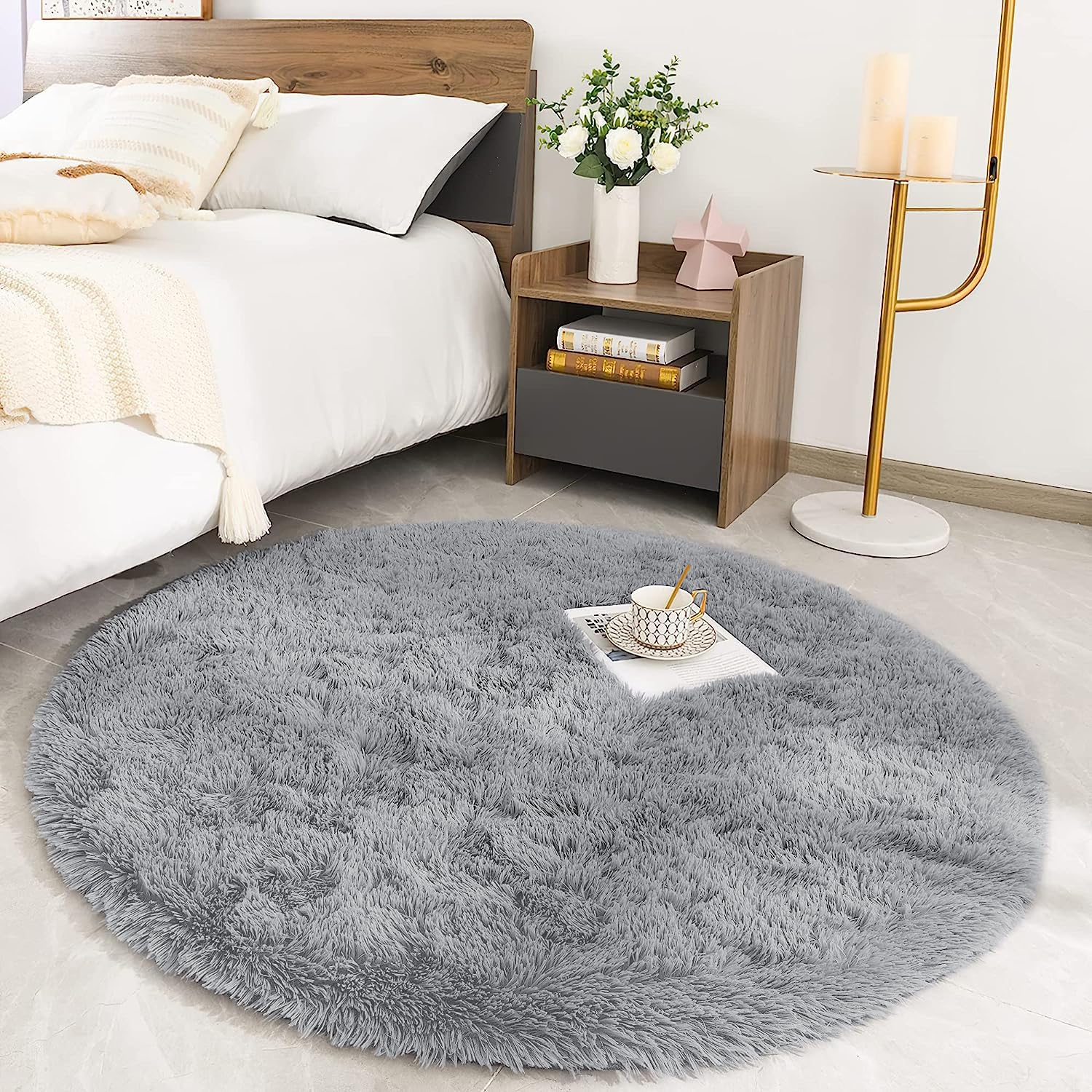 MOONLIGHT20015 Round Rugs Living Room – Grey Area Rugs for Bedroom 120x120 cm Anti Slip – Modern Super Soft Thick Pile Fluffy Shaggy Rug – Plush Carpet Non Shedding Easy to Clean