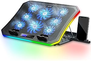 MOOJAY C50 Laptop Cooling Pad Gaming Notebook Cooler, 10 Modes RGB Lights Laptop Cooling Fan Stand 8 Adjustable Heights with 8 Quiet Fans and Phone Holder, for 15.6-17.3 Inch Laptops - Blue