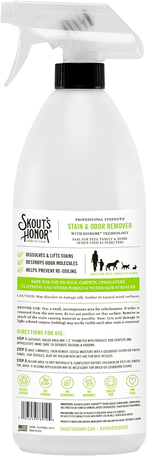 Skout’s Honor: Professional Strength Stain and Odor Remover - 35 oz. Trigger Spray Bottle - Deodorize and Clean Pet Stains, Dog Crates, Carpets, Furniture and Other Water-Safe Surfaces - Laundry Safe: Garden & Outdoor