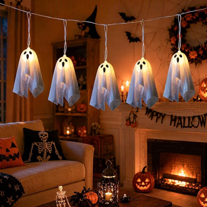 Fantôme à Suspendre Halloween, 2.75M Guirlande Lumineuse Fantôme Décoration Halloween à 8 Modes, avec Télécommande et Minuteur, Deco d'halloween à Suspendre Extèrieur à Piles pour Fête, Patio — photo 7 sur 8