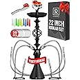 Black Hookah Set With Everything - 22 inch 4 Hose Hookah set - Black Hookah 4 Hose Set with 50x Foil Big Silicone Bowl 10x Tips and Tongs