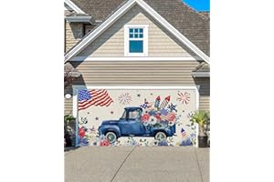 LBDECOR July 4th Farm Truck Garage Door Decorations, Memorial Day Poppy Flower Garage Door Banner Cover with Grommets, Garage Door Mural Backdrop Decoration for Indoor Outdoor Wall Door Photography 6x13ft