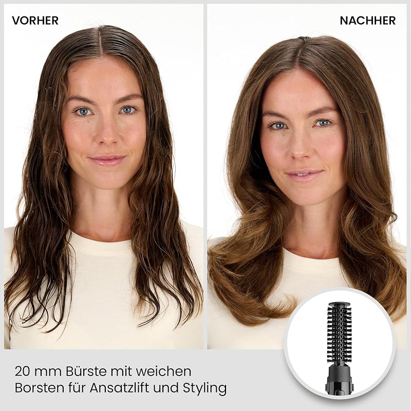 Perfect Finish - 1000W Warmluftbürste. 3 Aufsätze zum Glätten, Volumen & Formen, 2 Temperatureinstellungen + Kaltstufe, Ionen-Technologie für Anti-Frizz, schwarz, AS126E
