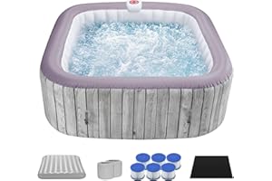 HUGROVE Square Inflatable Hot Tub for 4-6 Person, Portable Outdoor Spa with 130 Bubble Jets, Energy-Efficient Heating up to 100 °F, Smart Control, PVC Material, with Cover (Square)
