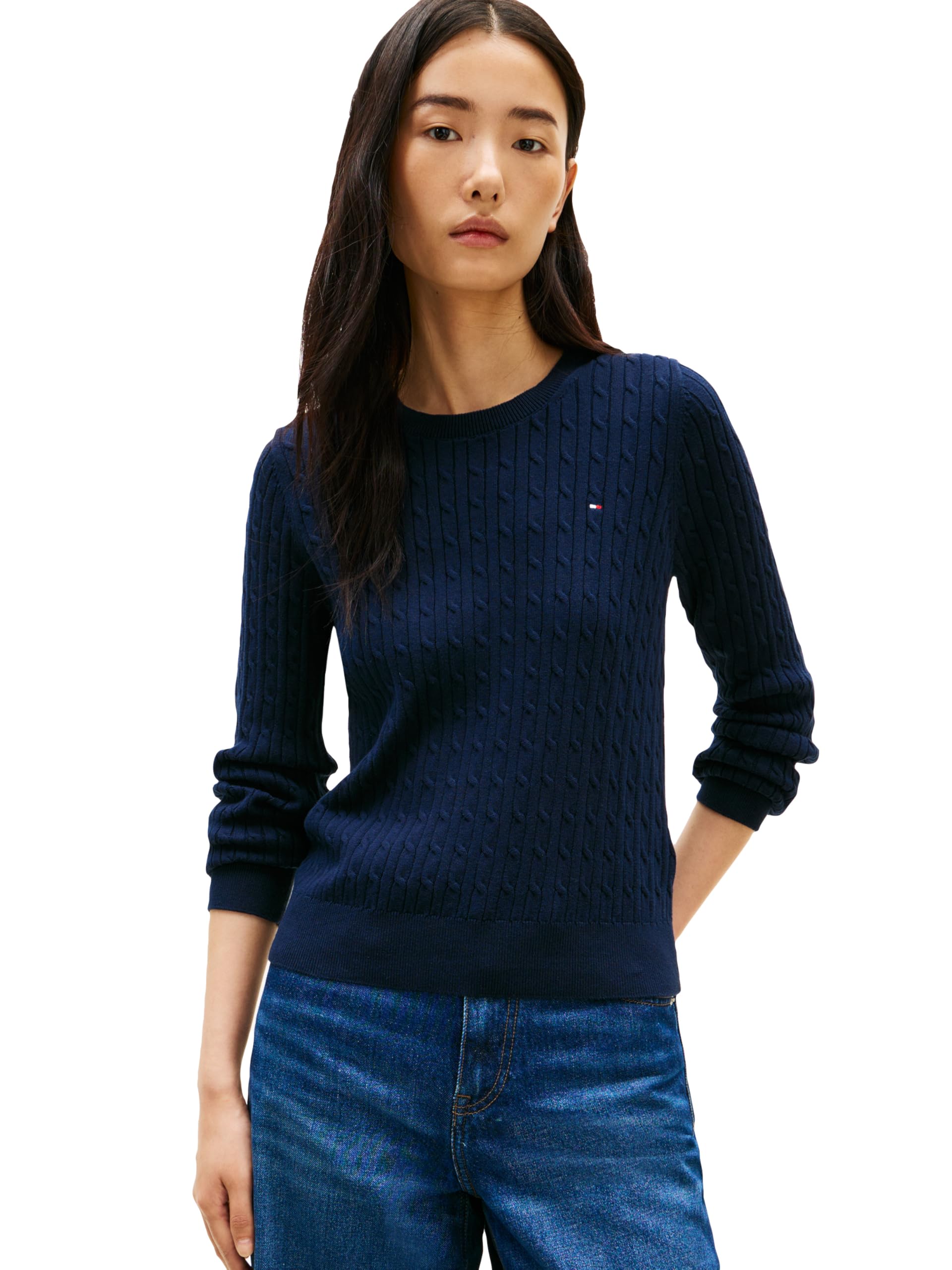 Tommy Hilfiger Women’s Cotton Cable Crew Neck Sweater Pullover, Dark Night Navy X-Large
