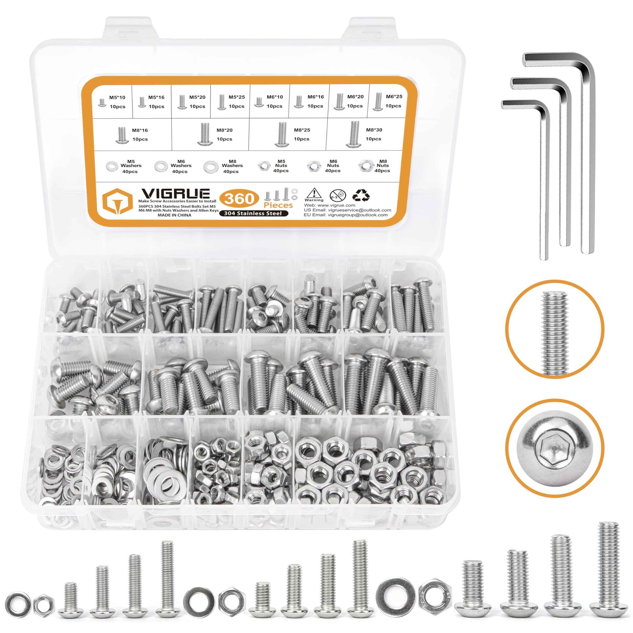 VIGRUE 360 Pieces 304 Stainless Steel Screws Set M5 M6 M8, Threaded Screws Set with Nuts Washers and Allen Keys in Storage Box