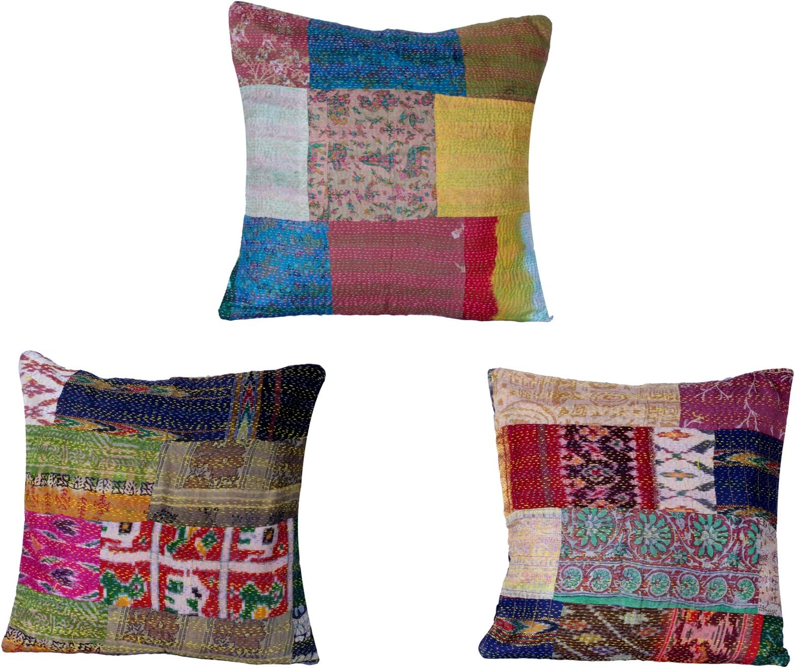 Indistar Set of 3 Throw Pillow Cover | Silk Patchwork Cushion Covers with Traditional Indian Kantha Work | Decorative Cushion Covers, 16 x 16 Inch-Assorted Color/Print