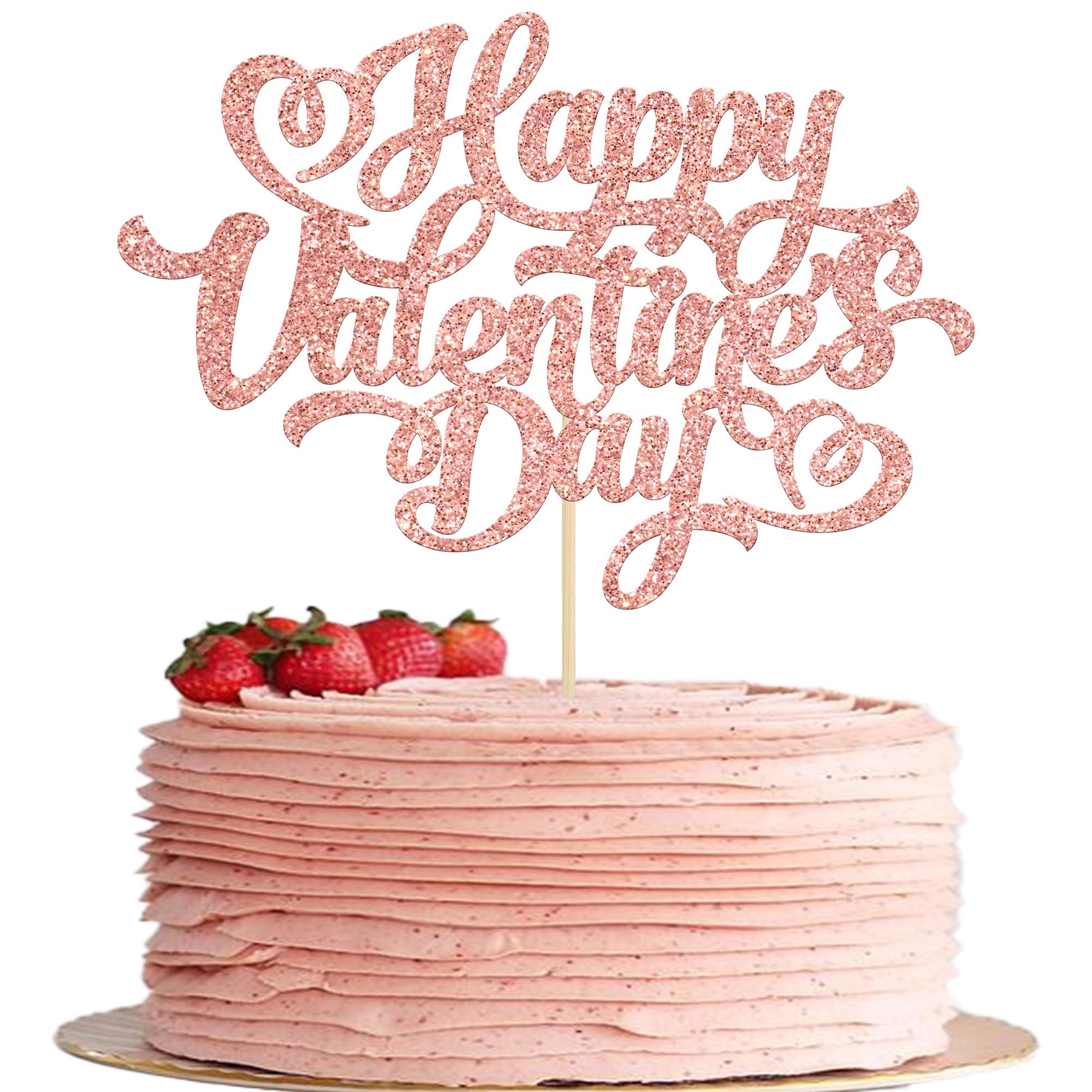 Gyufise 1 Pack Rose Gold Glitter Happy Valentine's Day Cake Topper with Love Heart Cake Pick Decorations for Valentine's Day Theme Party Cake Decorations Supplies
