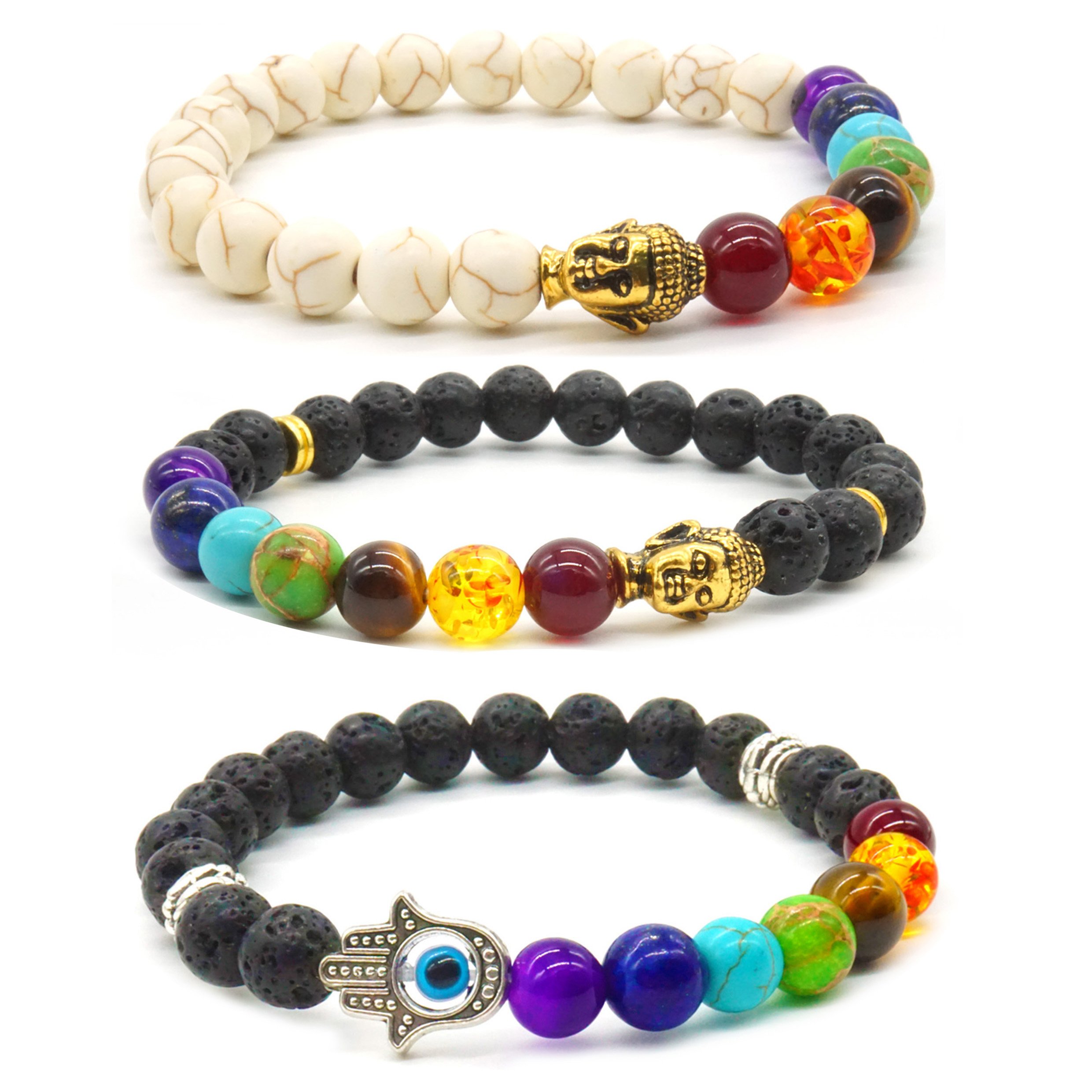 Thajaling 3 Pcs 8mm Lava Rock Stone Bracelet Buddha Skull Hamsa Hand 7 Chakra Bead Men Women Bracelet