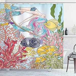 Ambesonne Mermaid Shower Curtain, Hand Drawn Mermaid Creature Swinging Rope Coral Reefs in Underwater World Artwork, Cloth Fabric Bathroom Decor Set with Hooks, 75