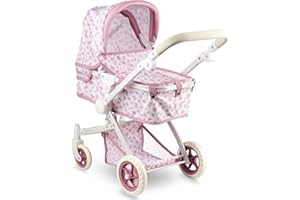 HUSHLILY Convertible Baby Doll Stroller for Dolls - Bassinet Toy Buggy for Toddlers 3 Years and up, Adjustable Seat & Handle with Storage Basket, Pink Polka Dot Design for Kids