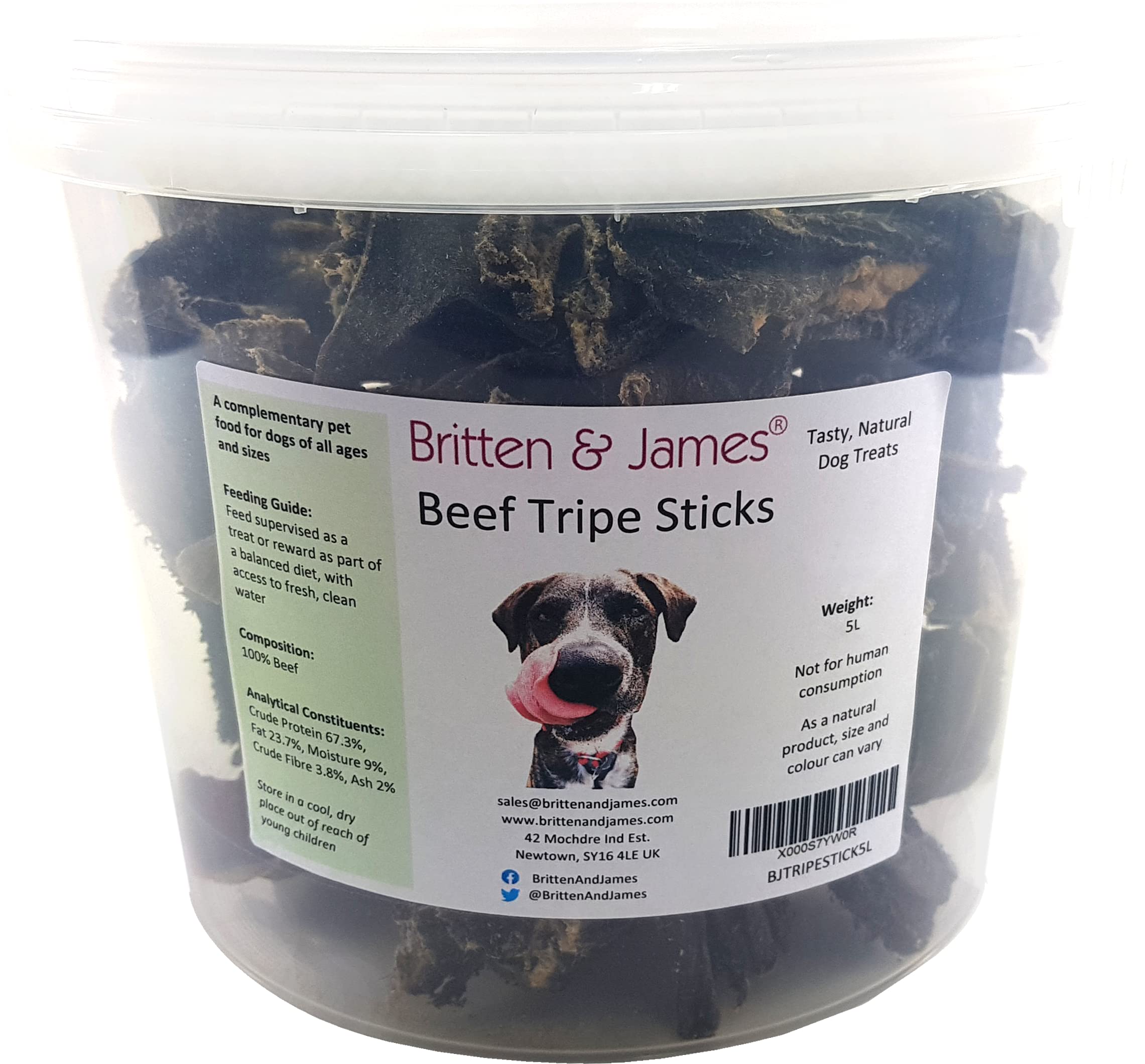 Beef Tripe Sticks for Dogs in a Resealable 'No Smell' 5L Tub by Britten and James. A 100% Natural Dog Treat Chew - Reduces Tartar and Bad Breath - Good for Teeth and Gums