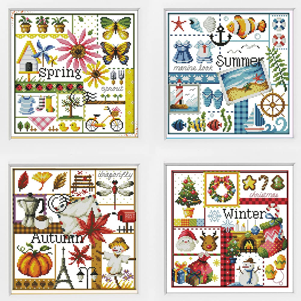 Awesocrafts 4 Pack Cross Stitch Kits, Four Seasons Easy Patterns Cross Stitching Embroidery Kit Supplies, Stamped (Four Seasons, Stamped)