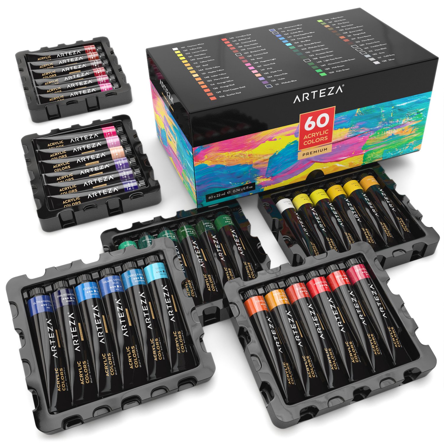 ARTEZA Acrylic Paint, Set of 60 Colors/Tubes (22 ml, 0.74 oz.) with