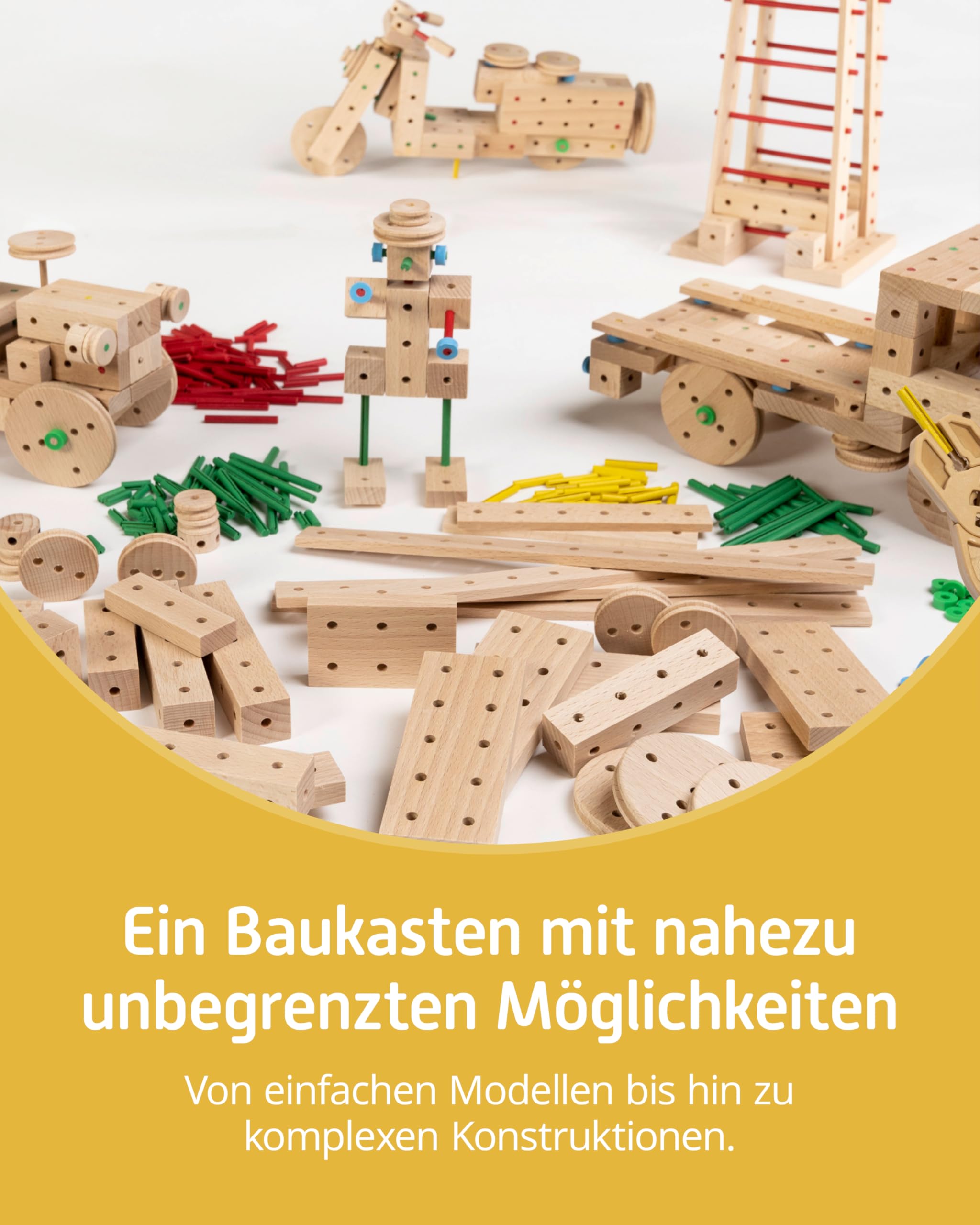 Matador Kinder Baukasten ab 5 Jahren 318-tlg. - Spannendes Holz Konstruktionsspielzeug zur Schulung von Kreativität und Feinmotorik, Bauspielzeug mit Stäbchen, Klötzen, Hammer & Zange 3