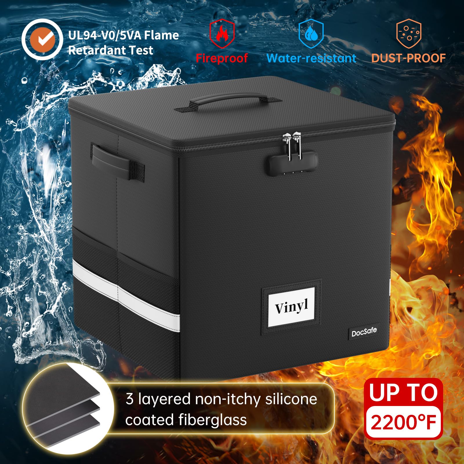 DocSafe Feuerfest Schallplatten Aufbewahrungsbox mit Schloss Schwarz 3