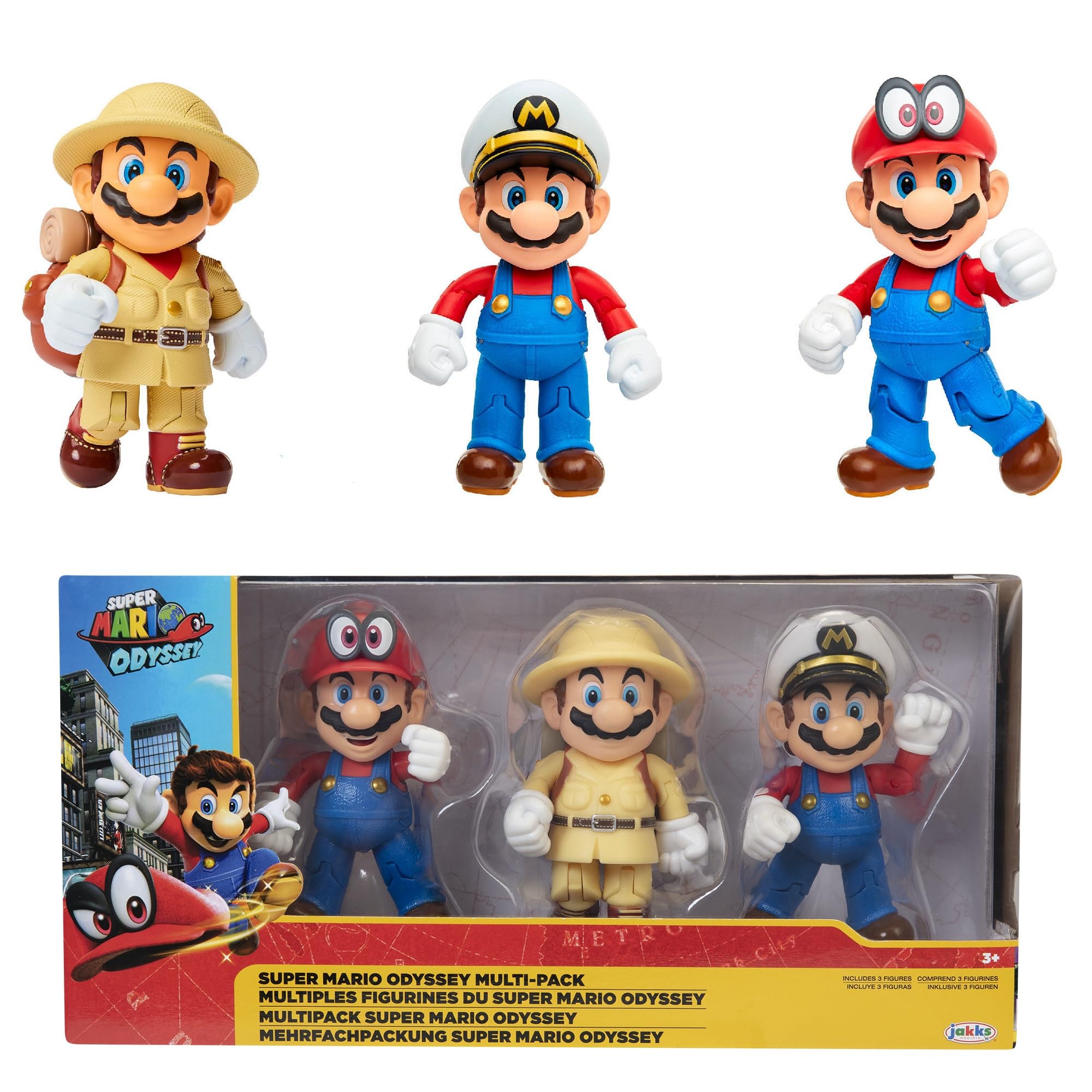 Nintendo Mario Odyssey 3-Pack Action Figures- Includes Captain, Explorer and Mario With Cappy, Articulated Figures Stand Approximately 4” / 10cm Tall