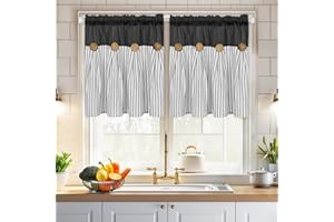 ASPMIZ Cotton Linen Window Treatment Tiers 24 Inch, Boho Rustic Kitchen Curtains Farmhouse, Black with Grey Stripe Half Window Curtain, Country Short Rod Pocket Curtains for Small Window, 2 Panels