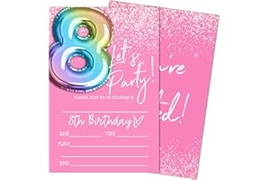 SIXEIGHT Let's Party 8th Birthday Invitations, Pink and Glitter Balloons Invitations, 20 Fill-in Style Birthday Party Invitations with Envelopes for Girls Boys, Birthday Party Favor & Decoration (4"x6")-B08
