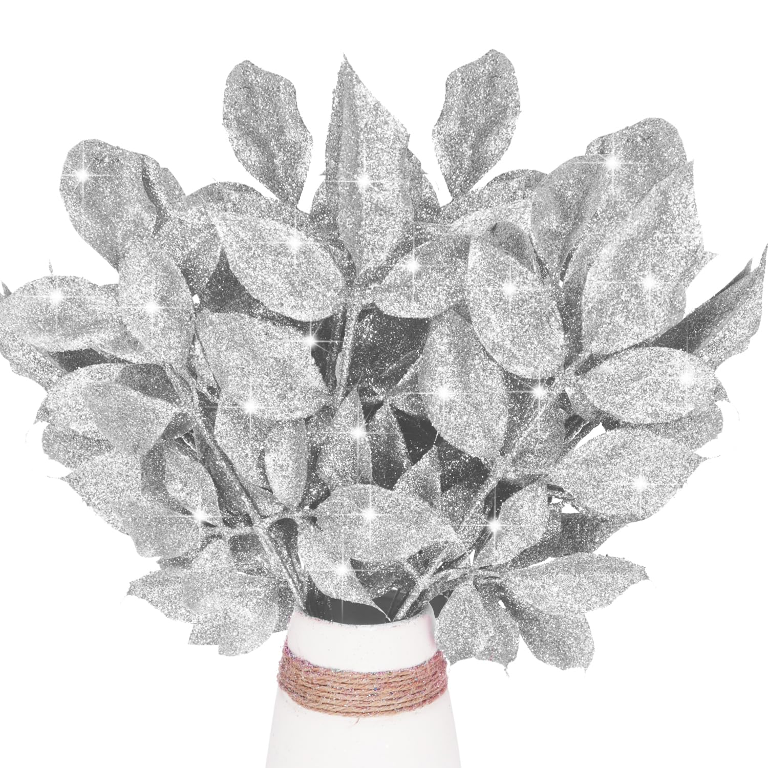 12 Pcs Artificial Christmas Glitter Leaves - Shiny Foliage Sparkling Tree Picks Stem for Xmas Tree Wreath Garland Craft Decor (Silver)