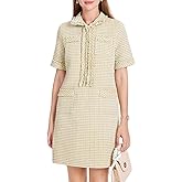 WOWULOVELY Womens Tweed Mini Dress Short Sleeve Straight Tube Front Half Zipper A-line Nubby Dress with Pockets(Yellow-M)