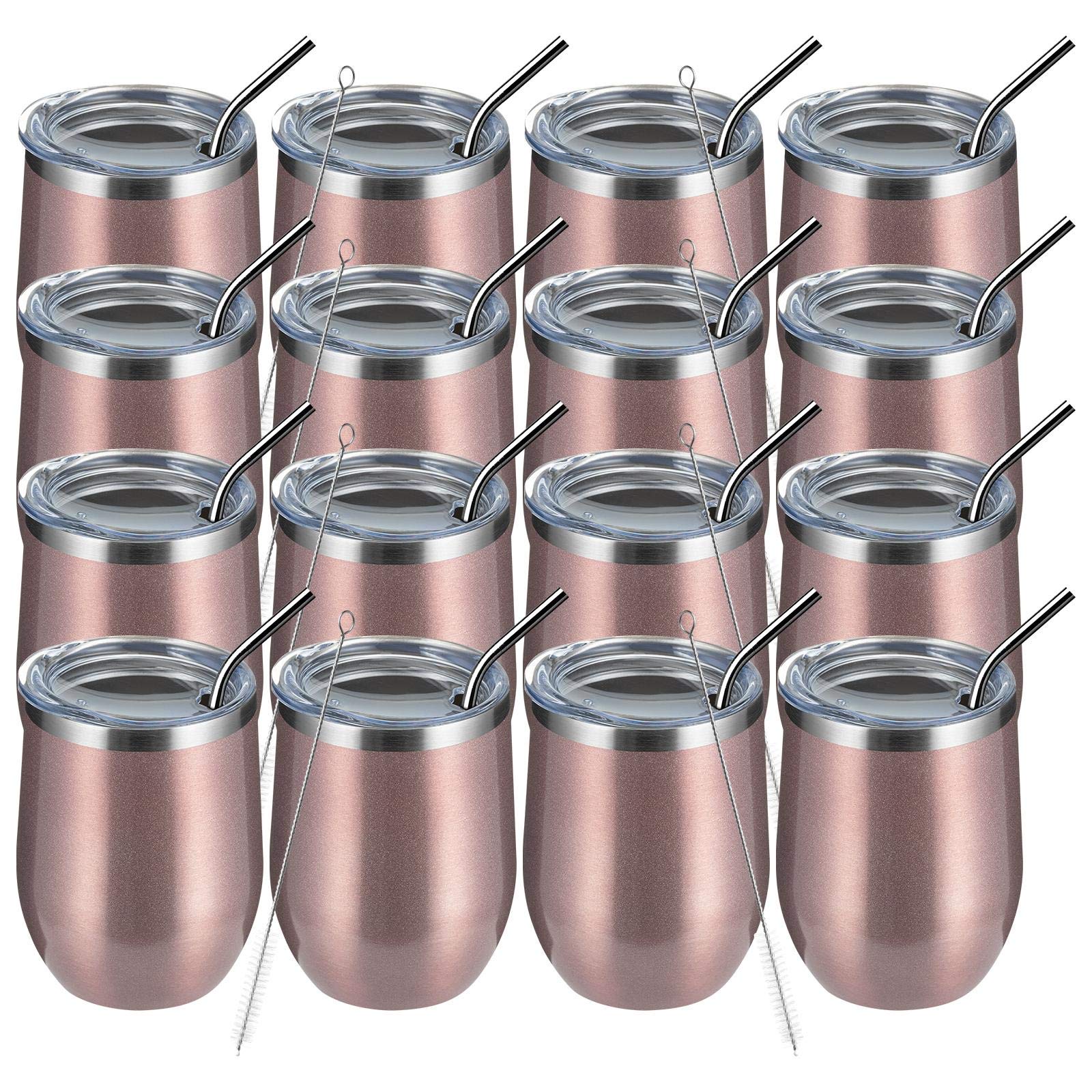 MEWAY 12oz Wine Tumbler 16 Pack Bulk Gifts for Women,Double Wall Vacuum Stainless Steel Travel Mug with Lid,Insulated Stemless Wine Cup Glass for Coffee,Cocktails,Drinks(Rose gold,Set of 16) Image