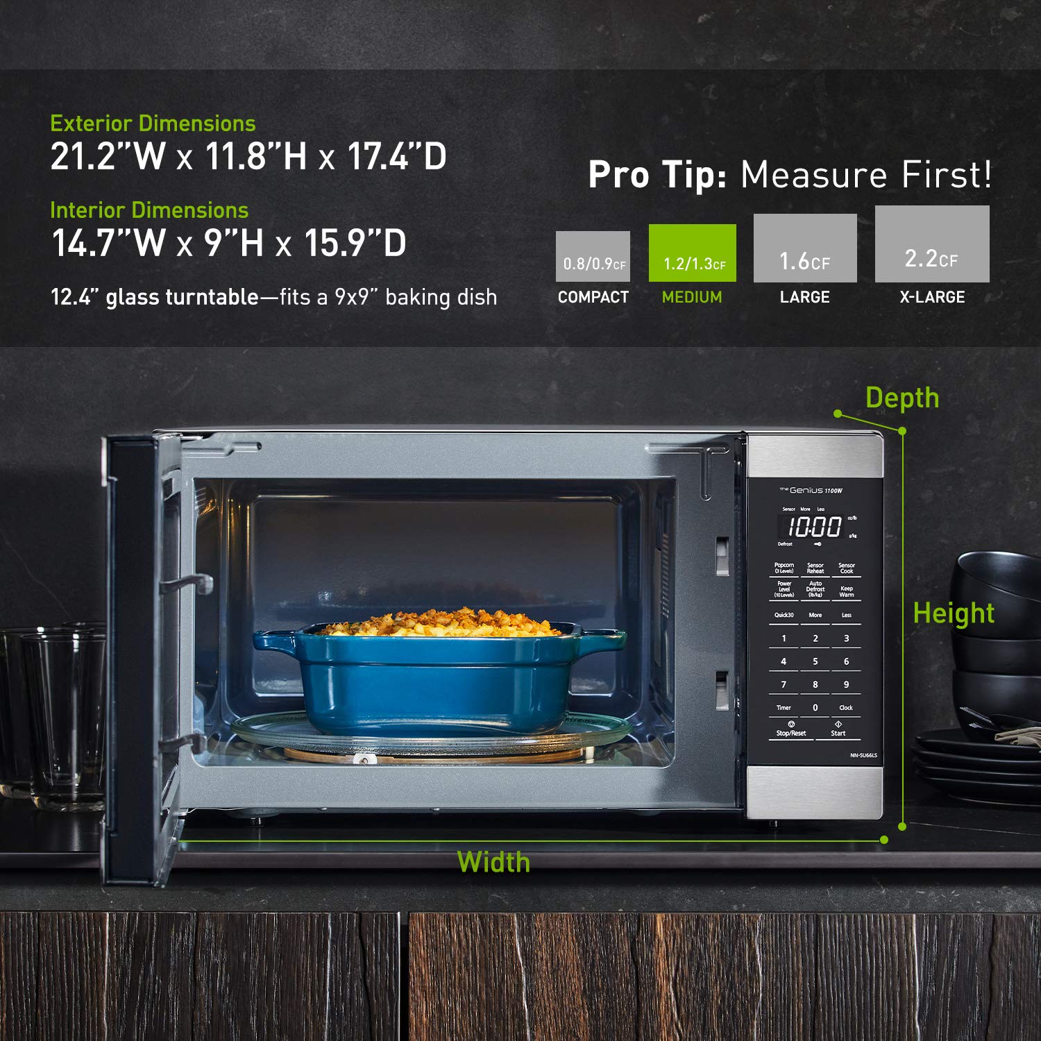Panasonic NN-SU66LS 1100W with Genius Sensor Cook and Auto Defrost Countertop Microwave Oven, 1.3 cu ft, Stainless Steel