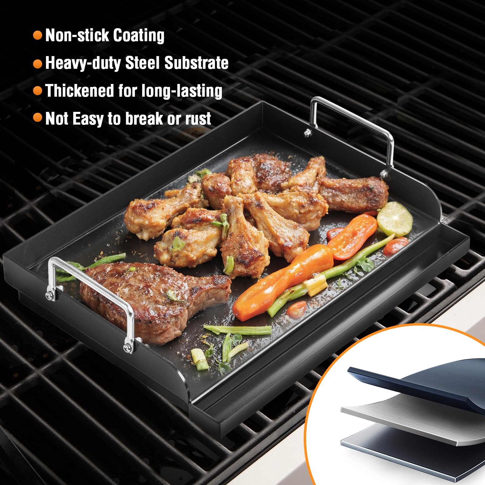 Universal BBQ Plancha Grillplatte 63,5 x 40,6 CM mit Abnehmbarer Griff, Universal passend für Weber Gasgrill & Holzkohlegrill,Grillpfanne für Burger Fleisch Gemüse 7