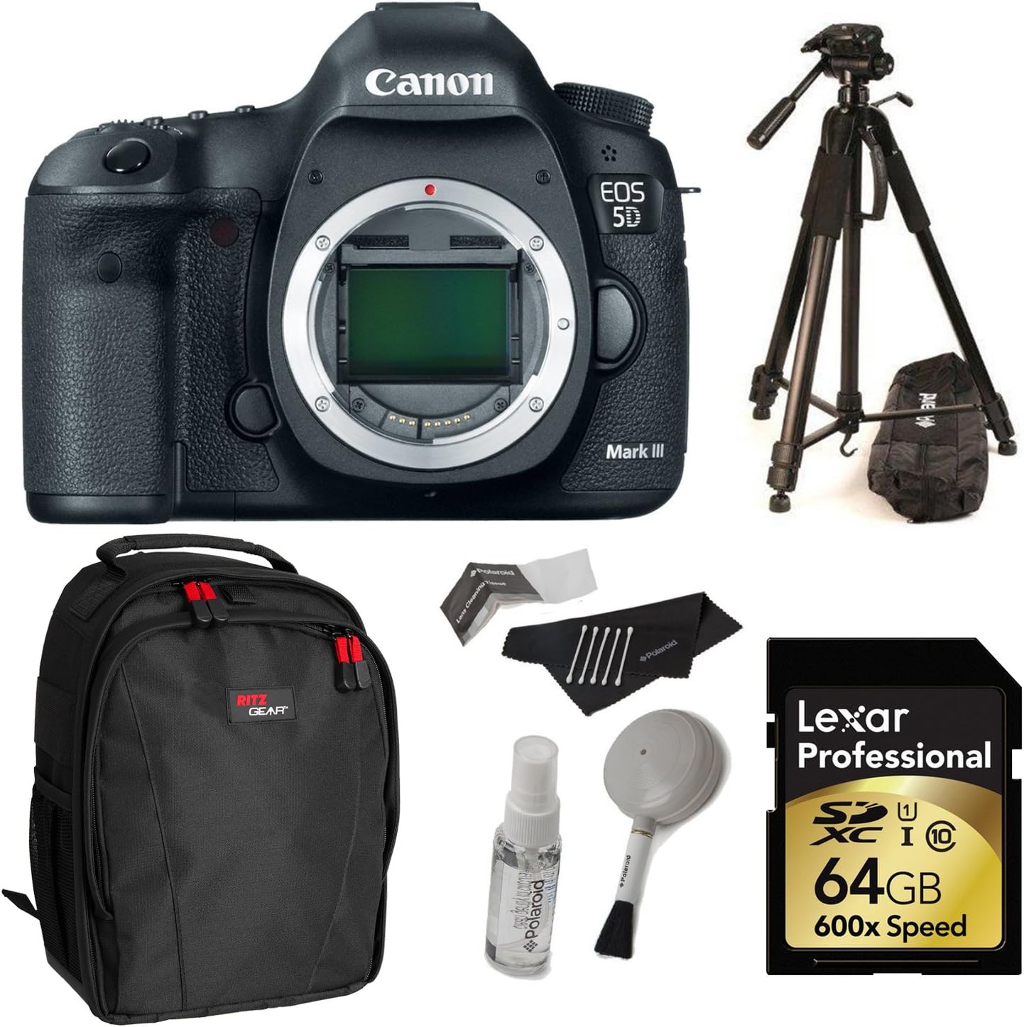 Canon EOS 5D Mark III 22.3 MP Full Frame CMOS with 1080p Full-HD Video Mode Digital SLR Camera (Body) + Lexar 64GB SDXC 600x Card + 72" Polaroid Tripod + Backpack + Polaroid Cleaning Kit