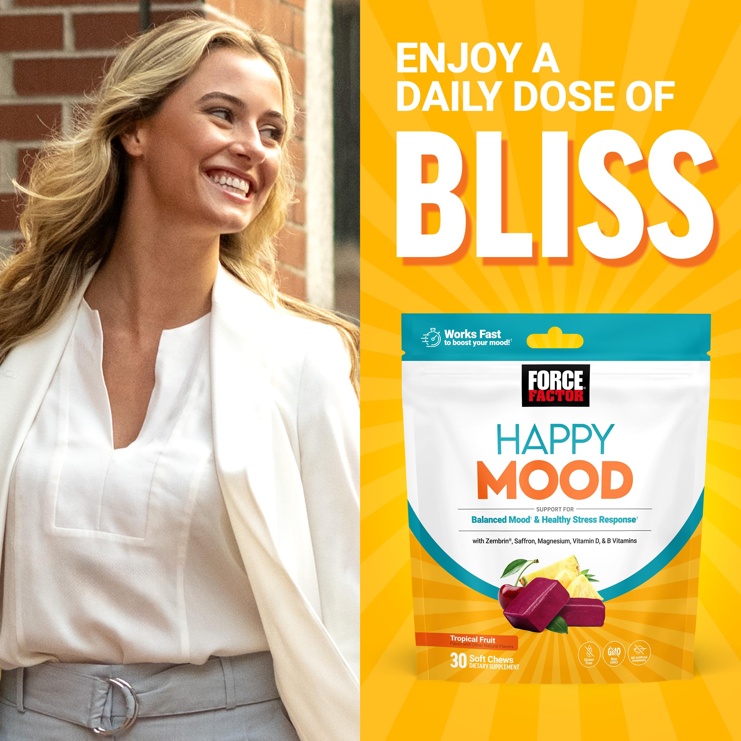 FORCE FACTOR Happy Mood, Mood Support and Mood Balance Supplement to Support Happiness, Positivity, and Stress, Made with Magnesium, Saffron, Zembrin, Non-GMO, Tropical Fruit Flavor, 30 Soft Chews