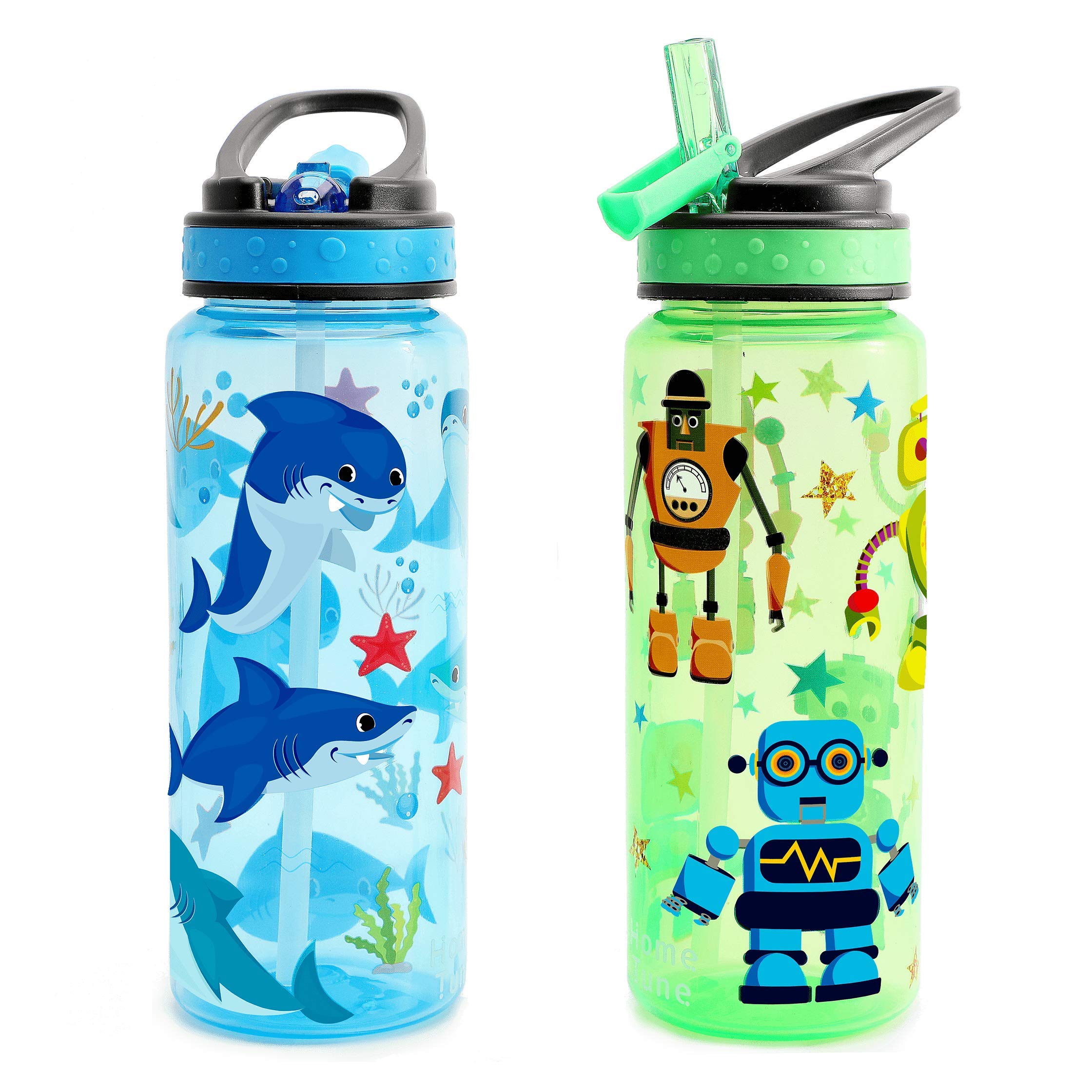 Home Tune Kids Water Drinking Bottle (680ml) - BPA Free, Flip Straw Lid Cap, Lightweight, Carry Handle, Leak-Proof Water Bottle with Cute Design For Girls & Boys - 2 Pack Shark & Robot