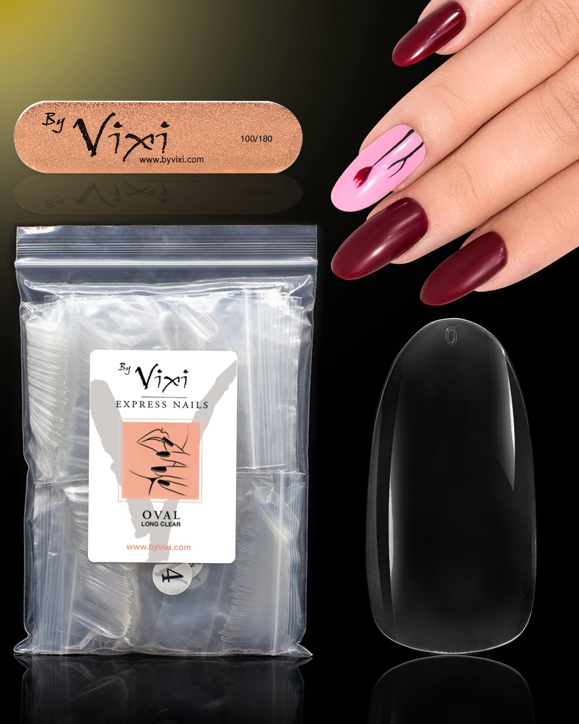 600 Long Oval Press On Nails Set with By Vixi Prep File – Clear Full Cover False Nails, Stick On Fake Nail Tips, 10 Sizes, Acrylic Nail Extensions for Gel Polish & Nail Art — image 1