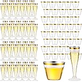 Newtay 160 Count Plastic Champagne Flutes and Cups Set, 60 Pcs 4.5 oz Gold Rim Disposable Champagne Flutes 100 Pcs 9 oz Gold Rimmed Disposable Glasses for Wedding Baby Shower Birthday (Stylish)