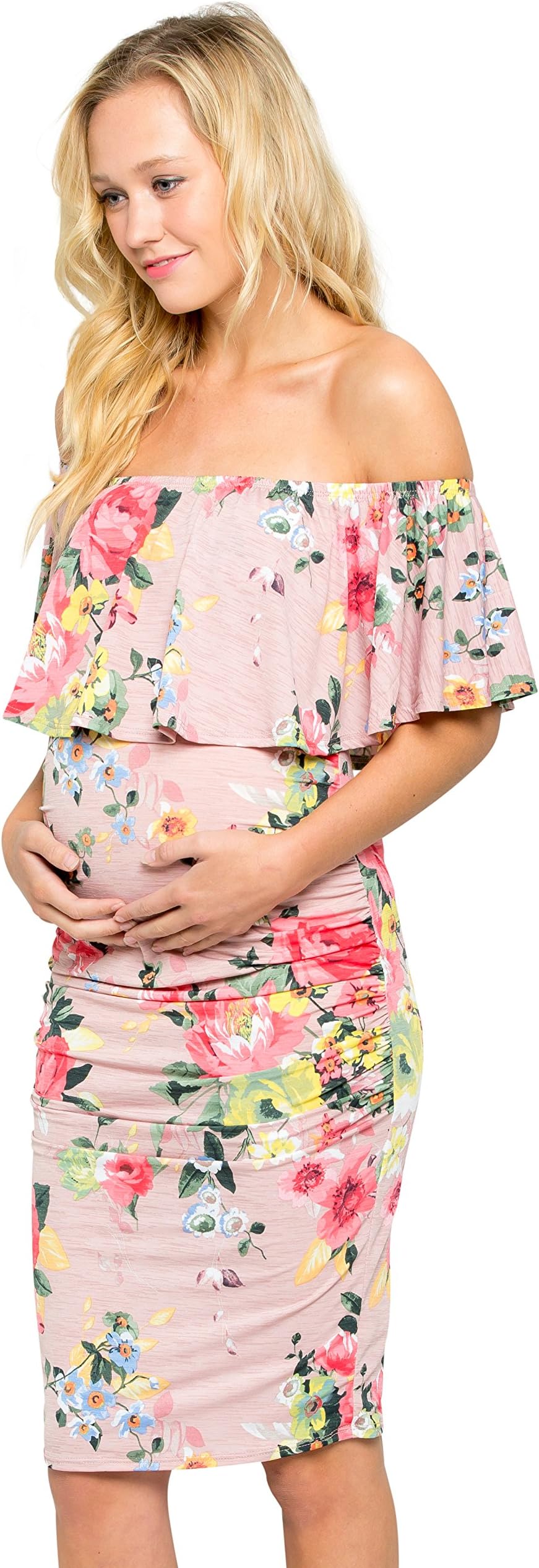 Women's Ruffle Off-Shoulder Maternity Dress W/Side Sharing(Made in USA)