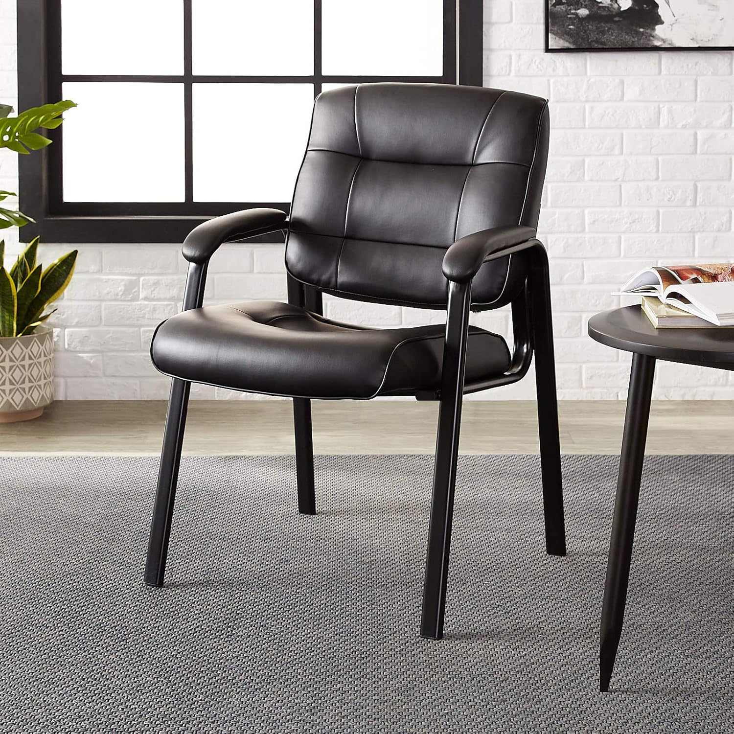 Basics Classic Leather Office Desk Guest Chair with Metal Frame, Black: Furniture & Decor