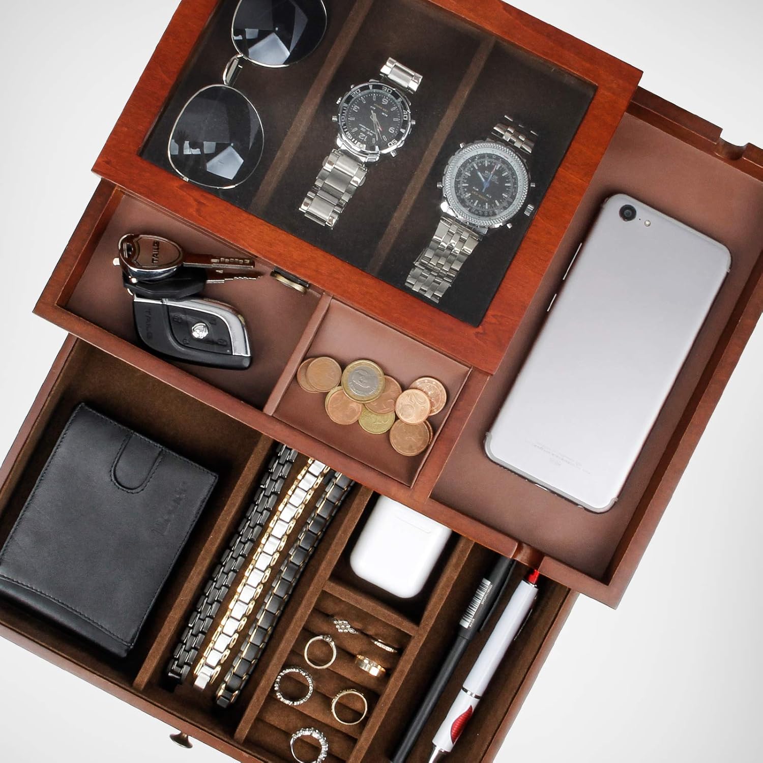 Homde Dresser Valet Organizer Wood Mens Storage Box with Large Smartphone Charging Station for Watches, Sunglasses, Jewelry and Accessories: Home Improvement